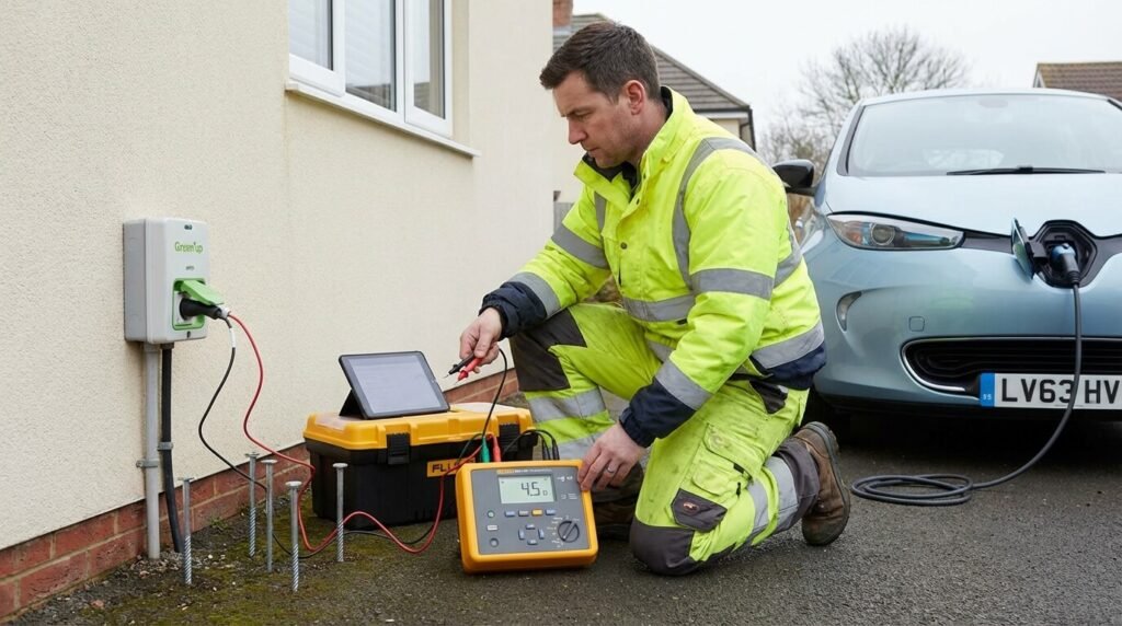 Électricien mesurant la résistance de la prise de terre avec un telluromètre, étape cruciale pour résoudre les problèmes de recharge des véhicules électriques