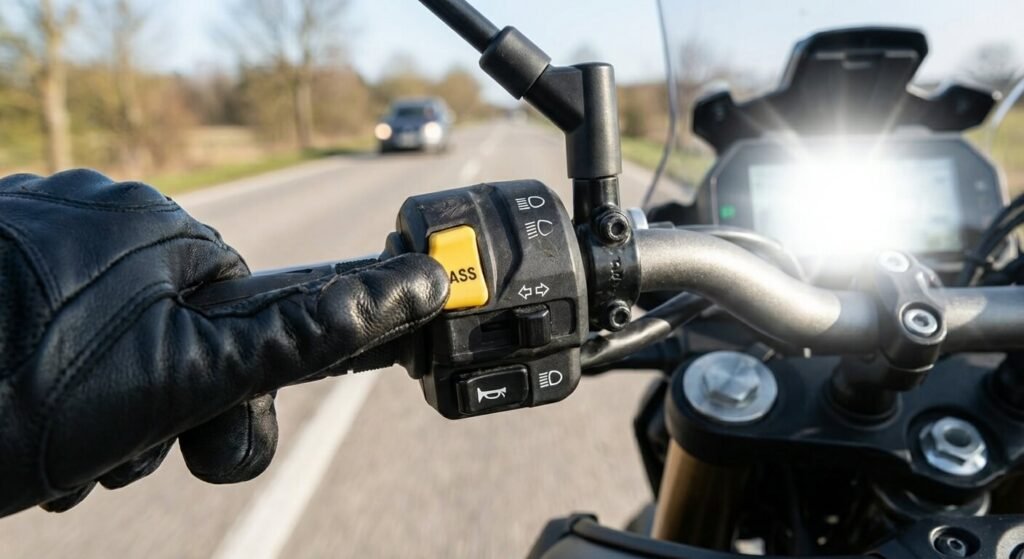 Motard effectuant un appel de phare pour signaler sa présence avant un dépassement, illustrant l'usage sécuritaire de la gâchette PASS