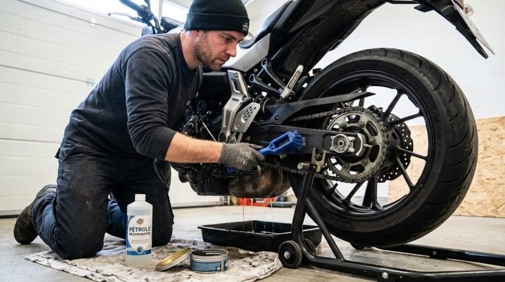Motard nettoyant sa chaîne avec une brosse spécifique et du pétrole désaromatisé pour tenter de sauver le kit chaîne avant regraissage