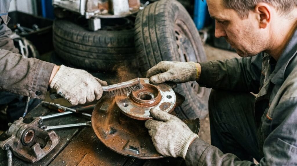 Volant qui tremble au freinage avec disque neuf : Causes, Mauvais montage et Solutions 3 Nettoyage méticuleux de la surface du moyeu de roue à la brosse métallique avant la pose du disque, étape cruciale souvent oubliée causant des tremblements