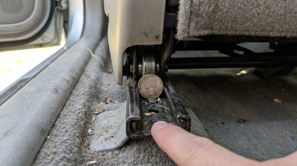 Une pièce de monnaie coincée dans le rail du siège, cause classique et banale d'un siège impossible à avancer ou reculer