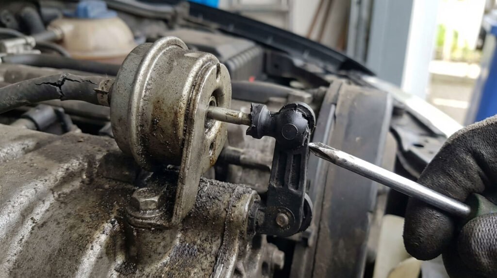 Gros plan sur un actionneur de swirl (poumon) défectueux dont la rotule en plastique est cassée, cause classique de la perte de puissance