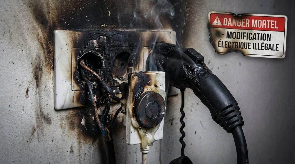 Prise domestique standard fondue et noircie suite à une tentative de charge rapide forcée par un aimant ajouté, illustrant le danger mortel du bricolage électrique