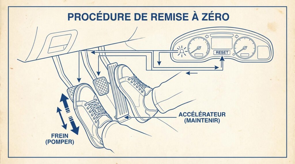 Illustration de la procédure de remise à zéro avec les pédales : pied droit à fond sur l'accélérateur et pied gauche pompant sur le frein