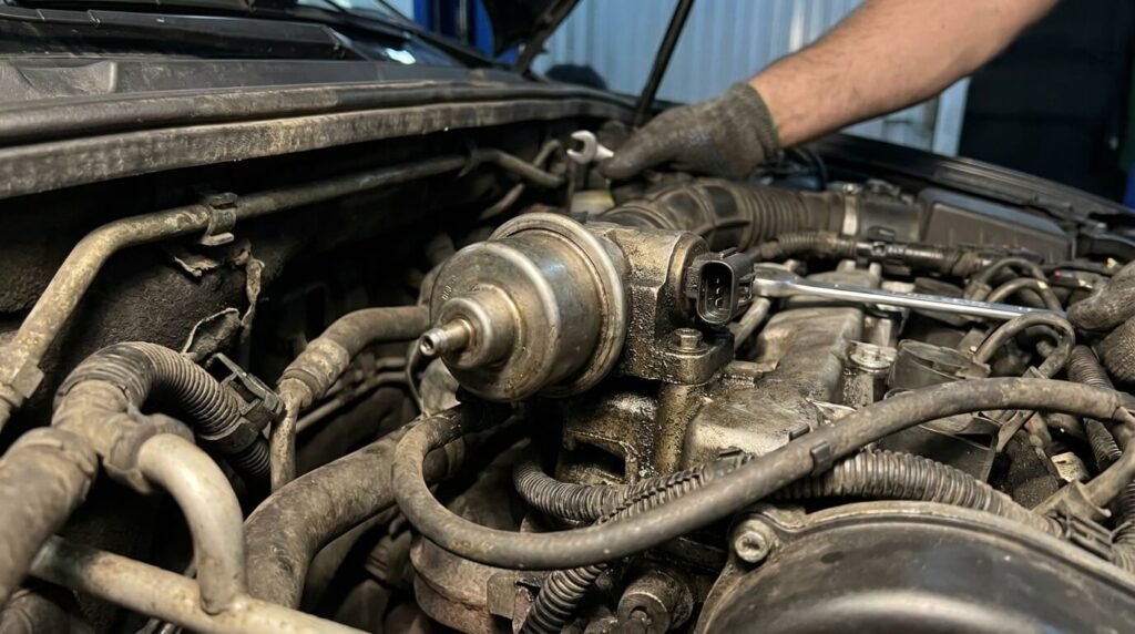 Gros plan sur le régulateur de pression de carburant situé au cul de la pompe haute pression, coupable fréquent des ralentis instables et des à-coups