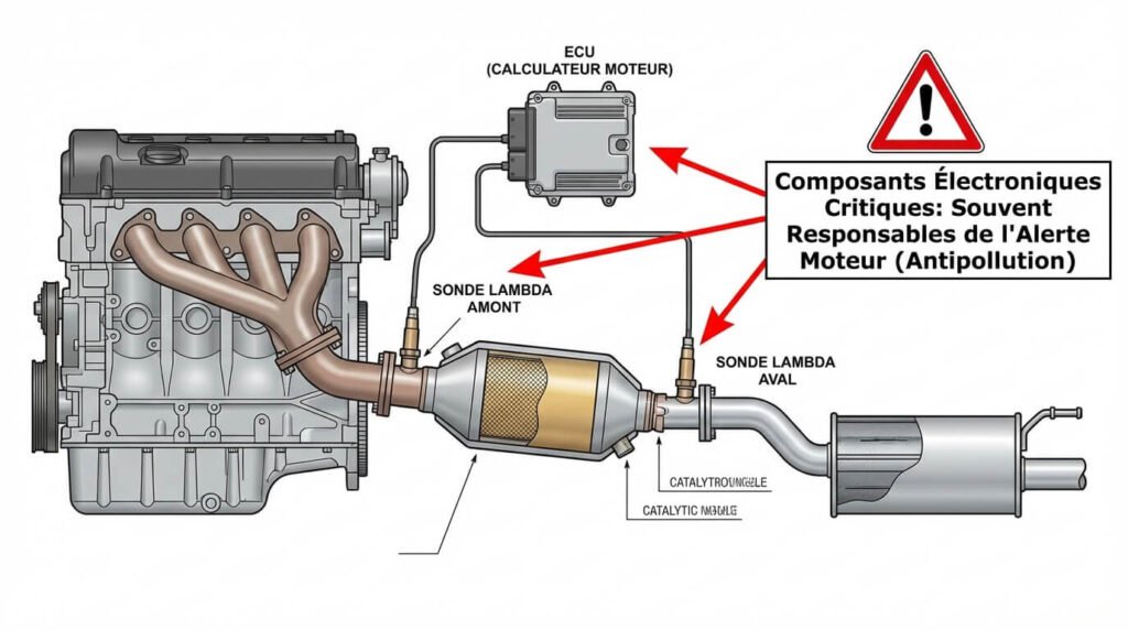 Schéma ou photo des deux sondes lambda (amont et aval) sur la ligne d'échappement, composants électroniques souvent responsables de l'alerte sur les moteurs essence