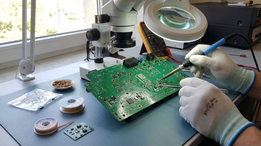 Réparation électronique en cours sur un circuit imprimé de compteur Scénic 2, montrant le remplacement des composants SMD et des transistors défectueux
