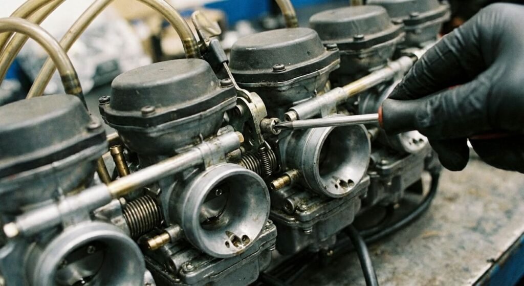 Gros plan sur la vis de réglage de synchronisation située entre deux carburateurs, permettant d'ajuster l'ouverture des papillons les uns par rapport aux autres