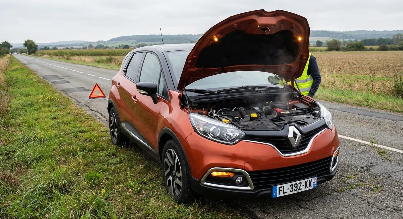 Capot ouvert d'un Renault Captur de première génération en panne sur le bord de la route