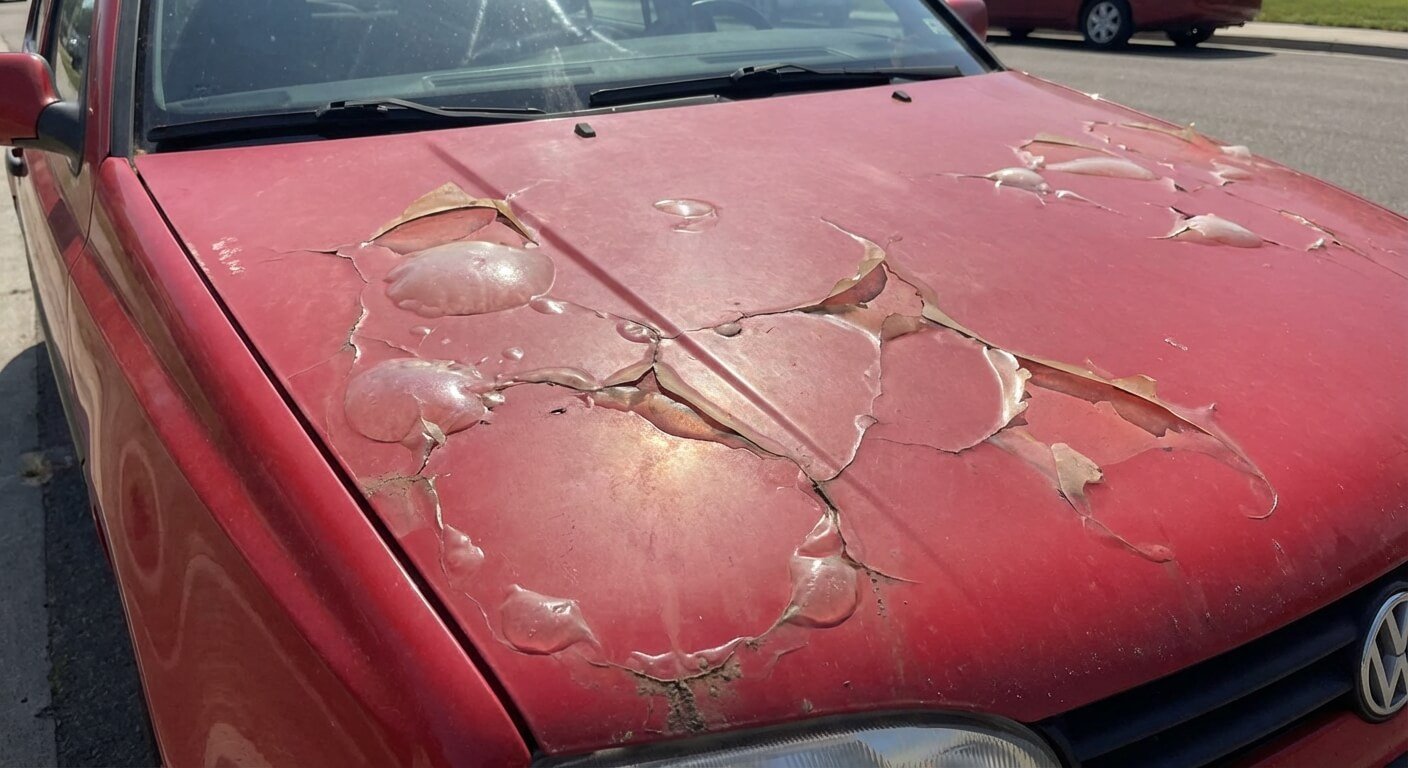 Capot d'une voiture rouge dont le vernis transparent cloque et s'écaille sous l'effet du soleil
