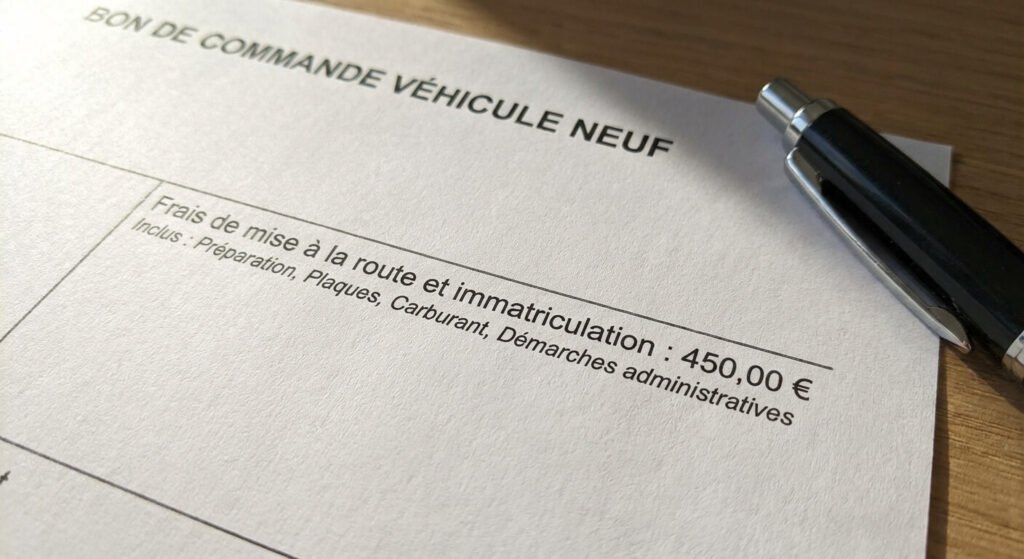 Ligne de facturation détaillant les frais annexes sur le bon de commande d'un véhicule neuf