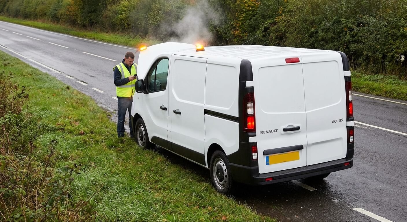 Camionnette Renault Trafic III dCi 115 en panne sur le bas-côté avec le capot ouvert