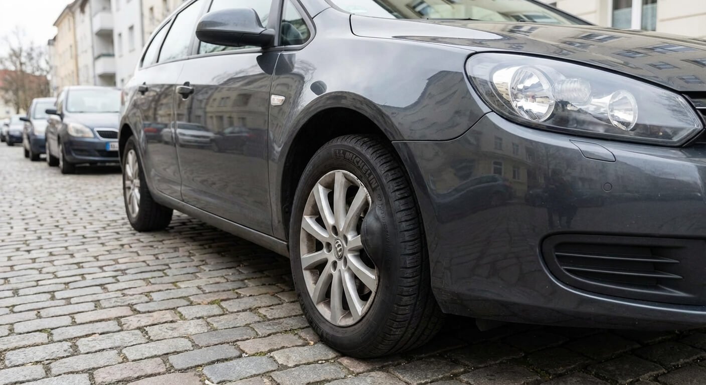 Grosse hernie visible sur le flanc d'un pneumatique de voiture stationnée