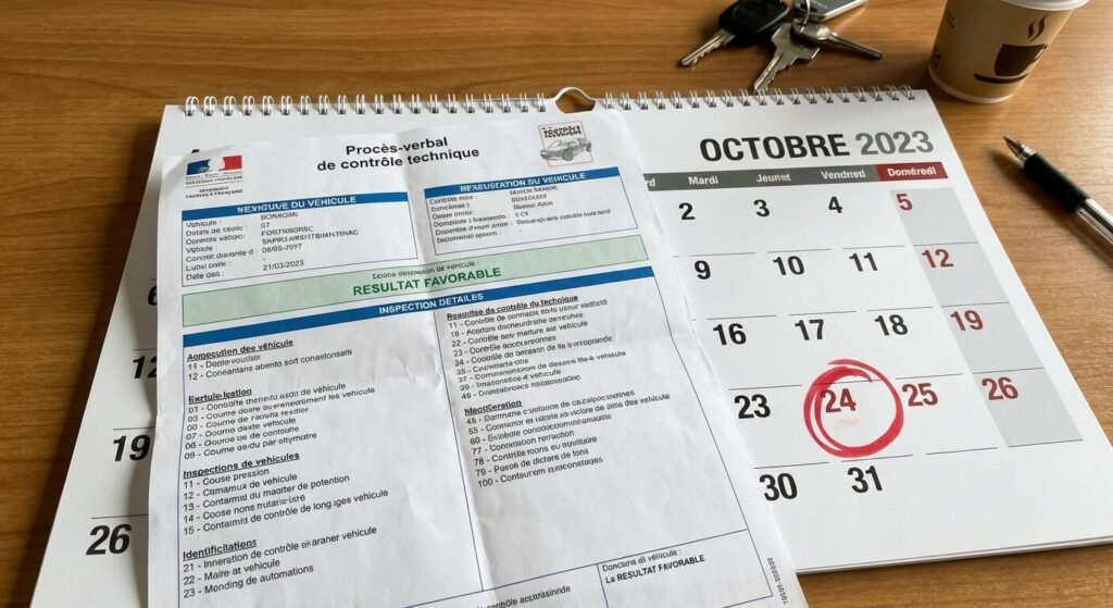 Procès-verbal de contrôle technique posé sur un calendrier avec la date limite d'examen entourée en rouge