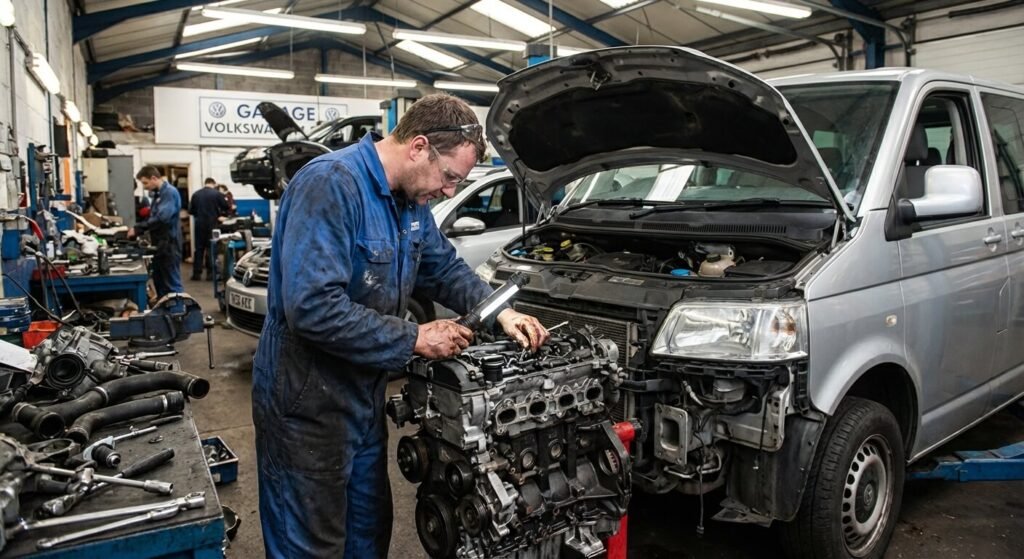 Casse moteur 2.0 biTDI 180 : Le défaut de la vanne EGR expliqué 2 Mécanicien inspectant le bloc moteur diesel ouvert d'un Volkswagen Multivan T5 en panne dans un atelier