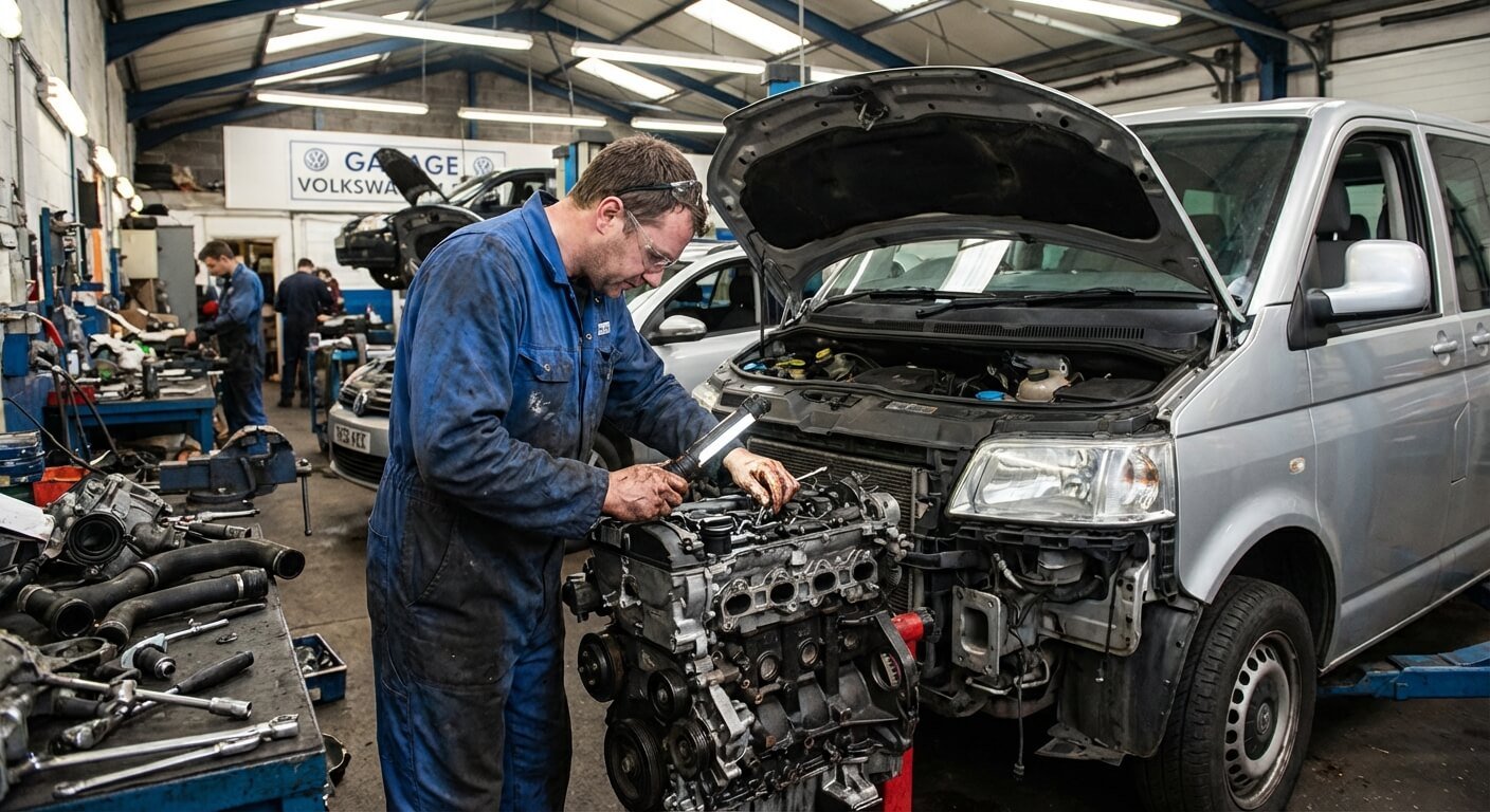 Mécanicien inspectant le bloc moteur diesel ouvert d'un Volkswagen Multivan T5 en panne dans un atelier