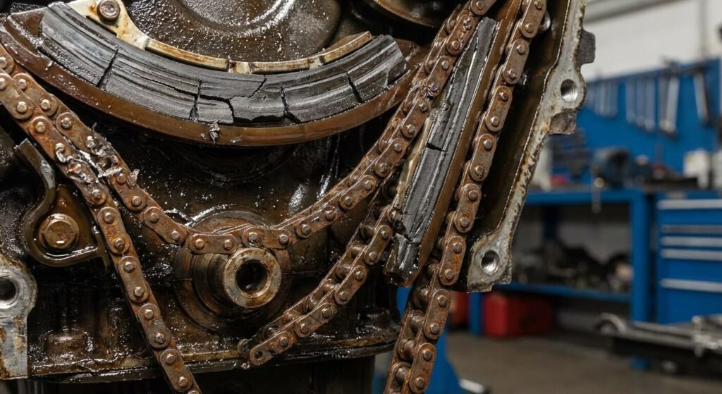 Problème chaîne de distribution Trafic dCi 115 : Symptômes et solutions 3 Gros plan sur une chaîne de distribution de moteur diesel distendue et ses patins d'usure