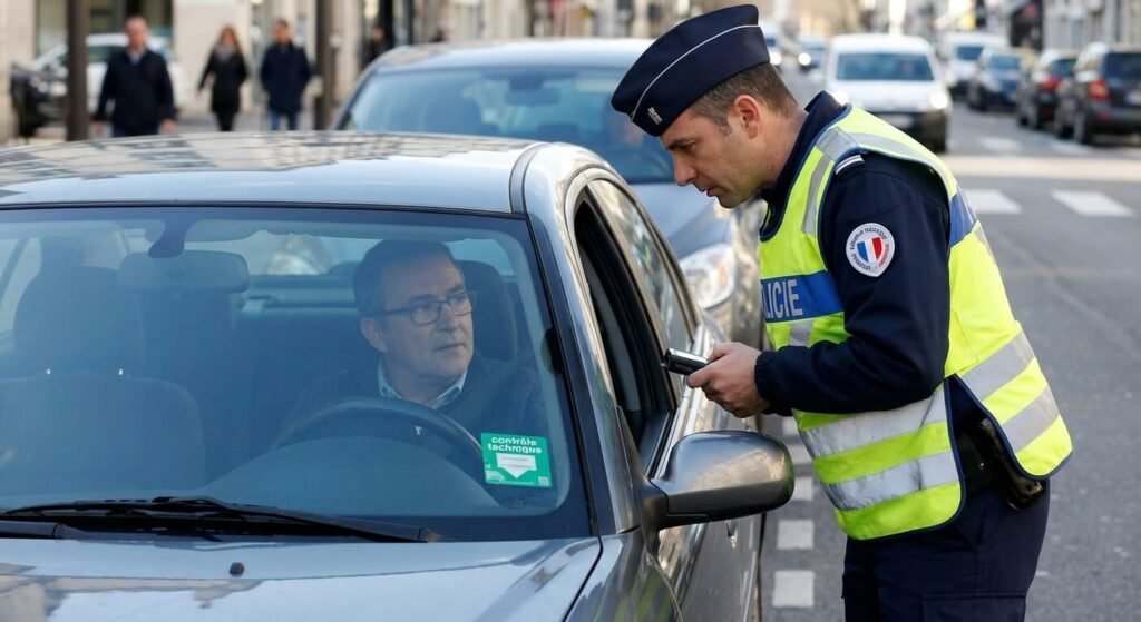 Agent de police vérifiant la validité de la vignette de contrôle technique sur le pare-brise d'un automobiliste