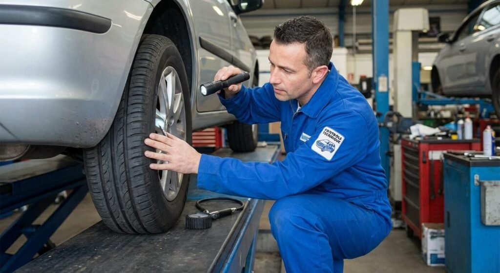 Contrôleur technique automobile inspectant la bande de roulement et le flanc d'un pneu sur un pont élévateur
