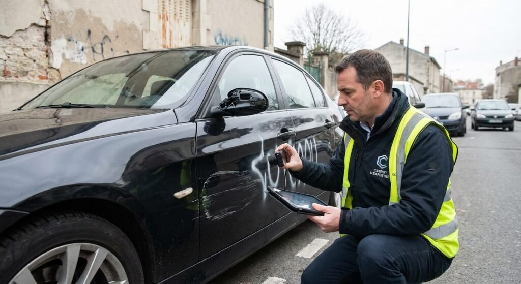 Expert automobile évaluant les dégâts sur la carrosserie d'un véhicule suite à un acte de vandalisme
