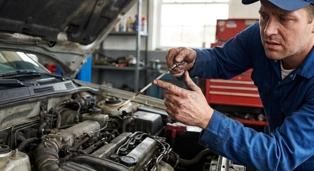 Risque de casse moteur sur le Renault Captur : Le scandale du 1.2 TCe 3 Mécanicien vérifiant une jauge d'huile moteur indiquant un niveau dangereusement bas, symptôme de surconsommation