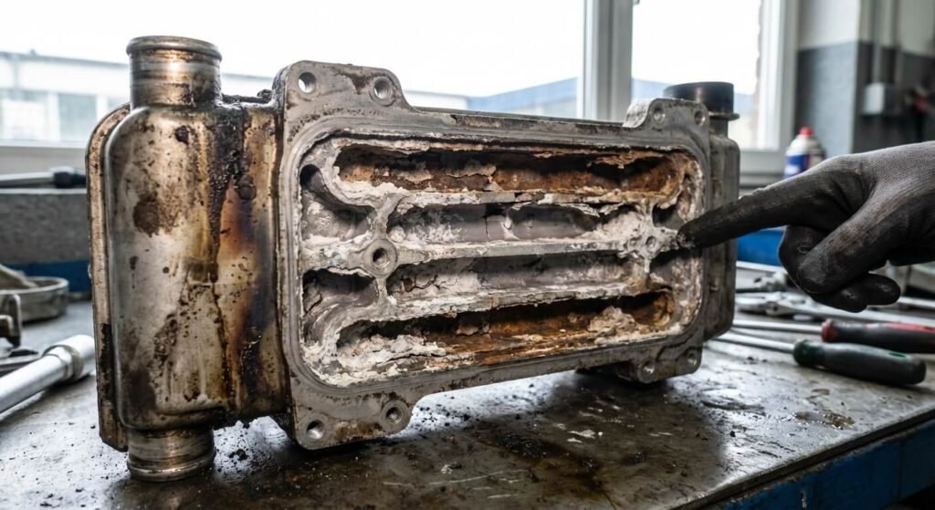 Casse moteur 2.0 biTDI 180 : Le défaut de la vanne EGR expliqué 3 Pièce mécanique défectueuse montrant la corrosion interne en aluminium d'un radiateur de vanne EGR