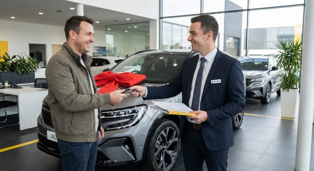Conseiller commercial remettant les clés et les papiers d'une voiture à un client en concession