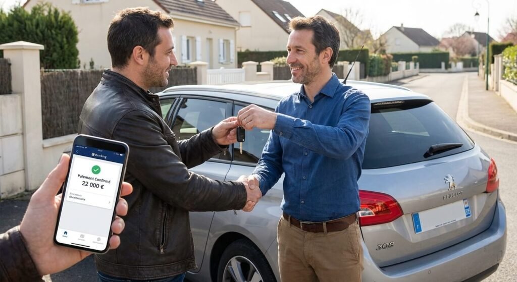 Poignée de main et remise des clés entre deux particuliers après la confirmation du paiement du véhicule