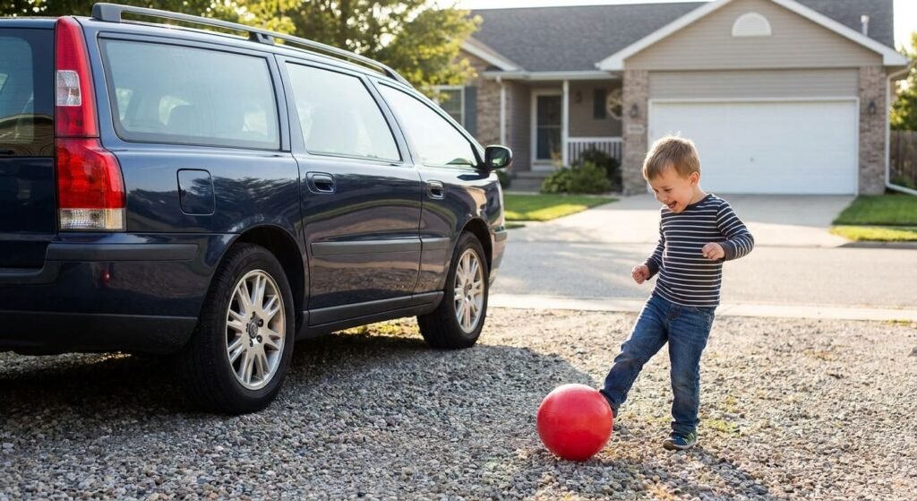 Enfant jouant avec un ballon à proximité d'un véhicule garé dans une allée