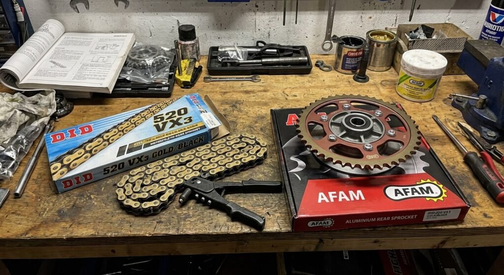 Kit chaîne DID ou AFAM : Lequel choisir pour sa moto ? 2 Comparatif visuel entre une chaîne de transmission DID et une couronne AFAM sur un établi de mécanicien