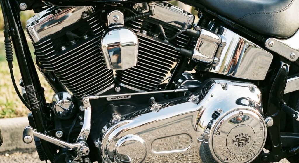 Gros plan sur les chromes et les cylindres du moteur V-Twin 1584cc (Twin Cam 96) d'une Harley-Davidson