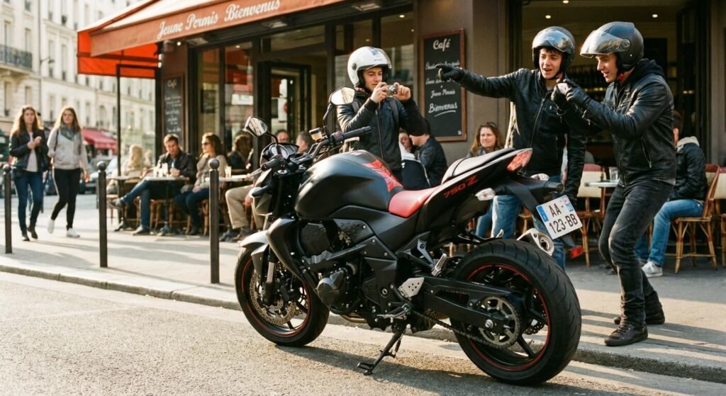 Le célèbre roadster Kawasaki Z750 stationné, objet de convoitise de nombreux jeunes permis moto