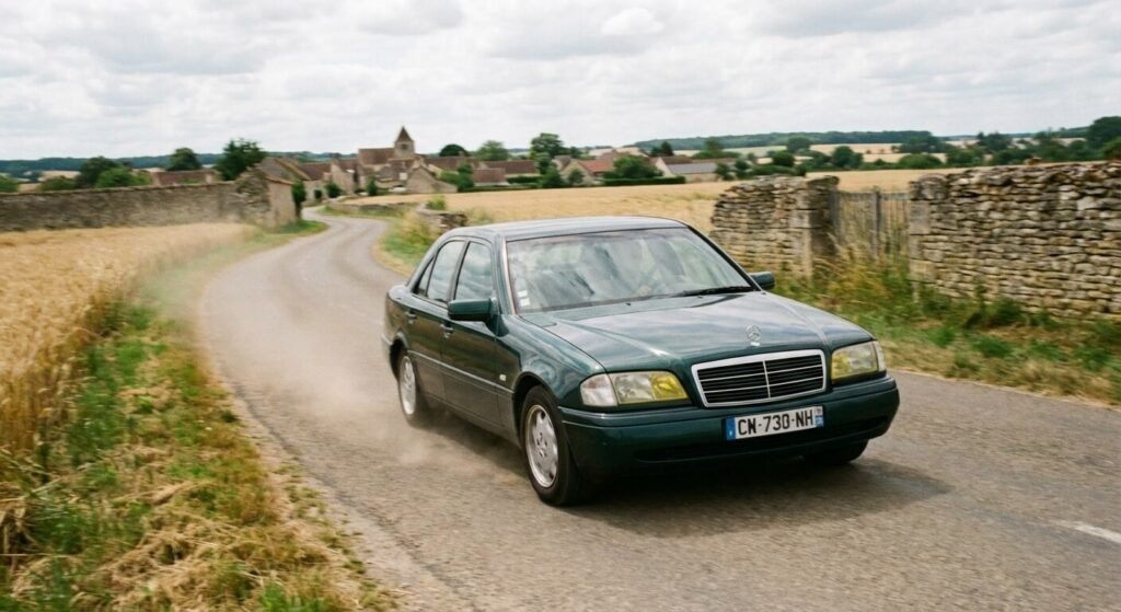 Berline Mercedes-Benz Classe C W202 250 Turbodiesel roulant sur une route de campagne