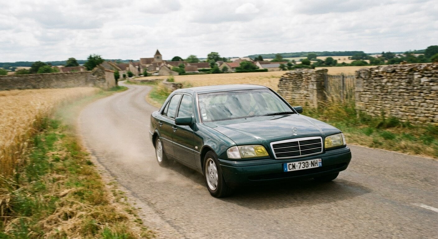 Berline Mercedes-Benz Classe C W202 250 Turbodiesel roulant sur une route de campagne