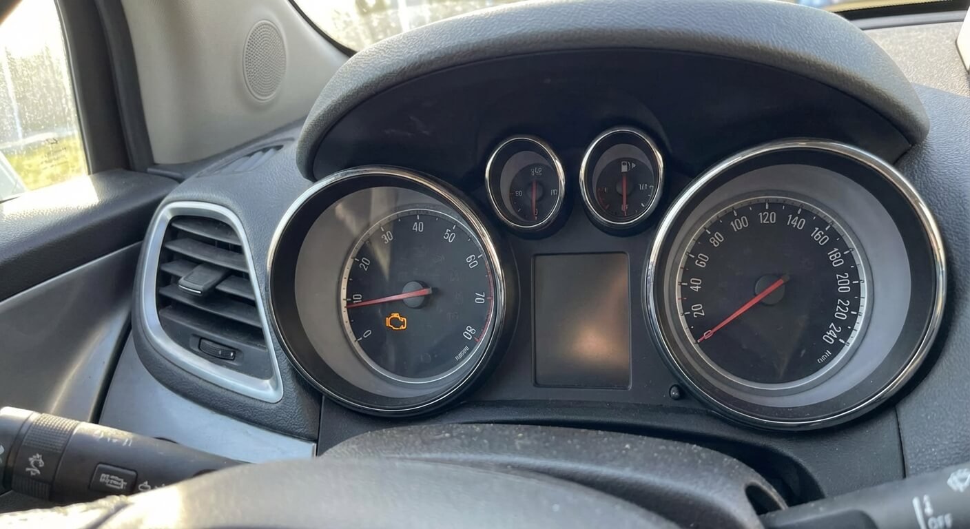 Compteur d'un SUV Opel Mokka affichant le voyant moteur orange allumé de manière fixe