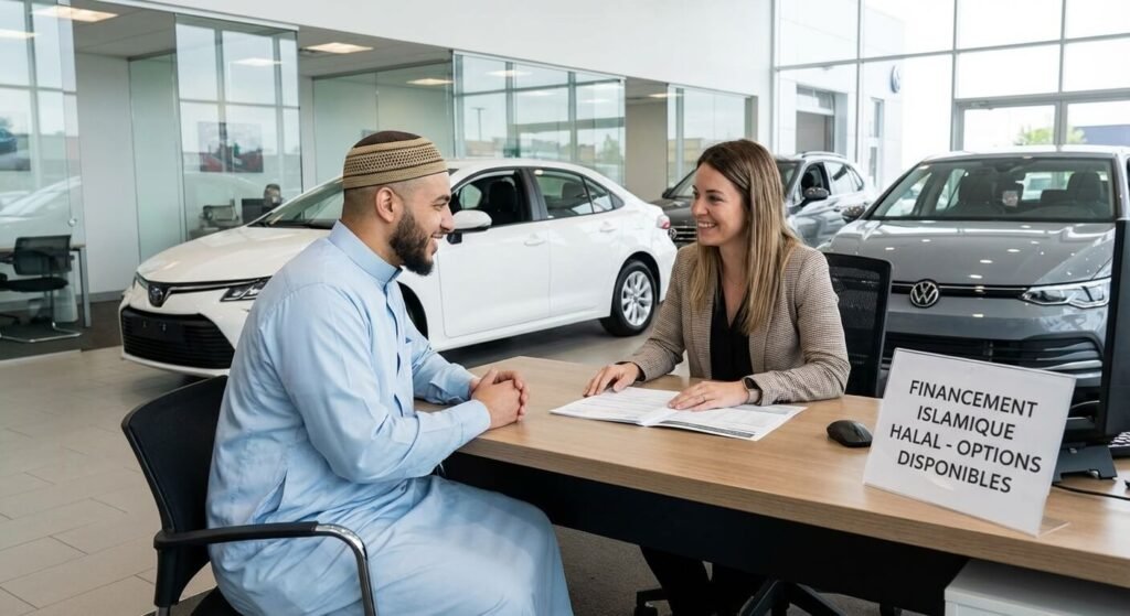 Homme musulman discutant des conditions de financement halal chez un concessionnaire automobile