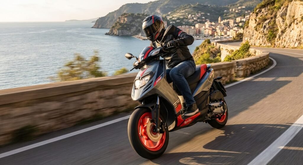 Scooter urbain Aprilia SR GT 125 roulant à vive allure sur une route de corniche