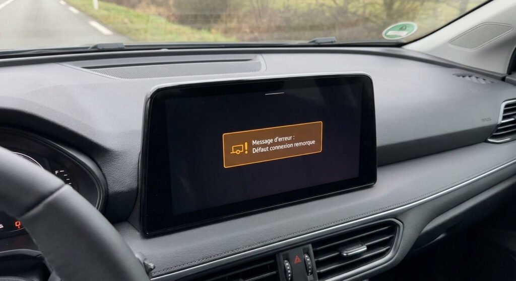 Message d'erreur orange défaut connexion remorque affiché sur l'écran central d'un véhicule