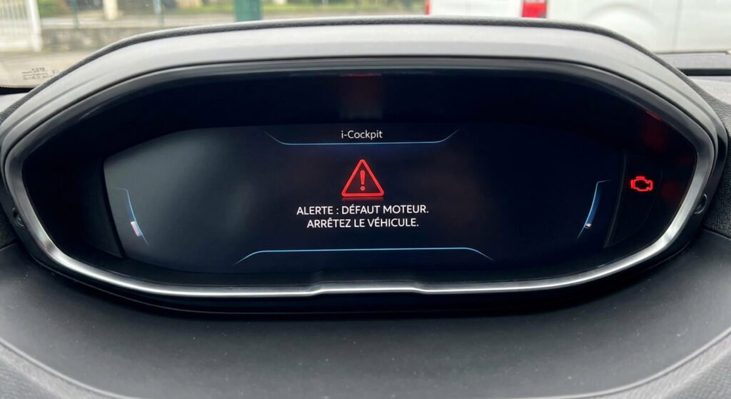Message d'alerte rouge et voyant moteur allumé sur l'écran i-Cockpit d'un Peugeot 5008