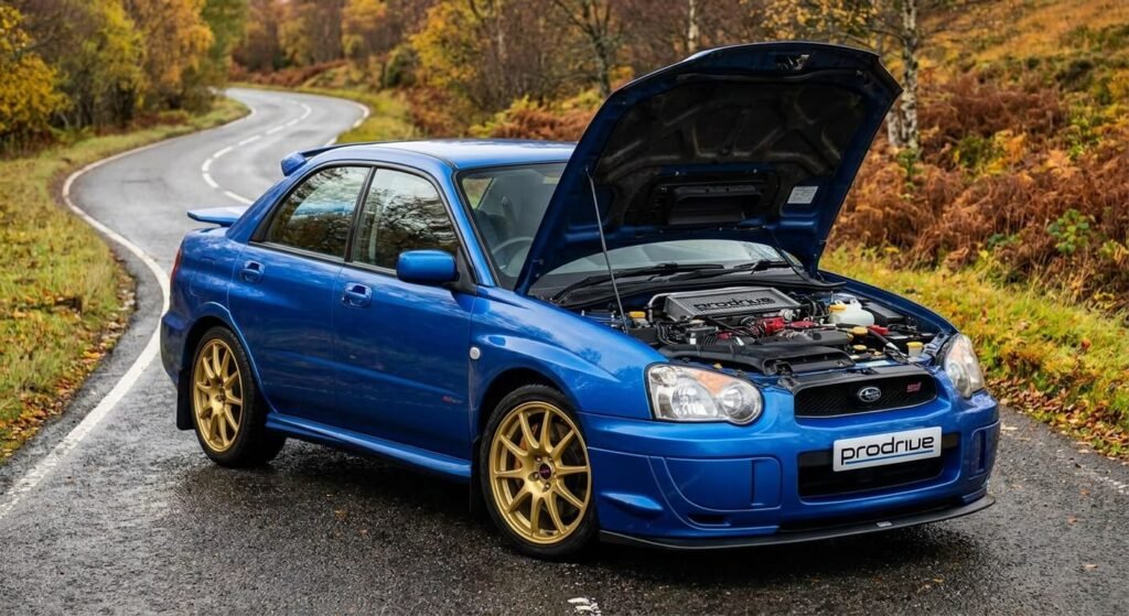 Subaru Impreza WRX bleue équipée du fameux kit d'optimisation mécanique Prodrive