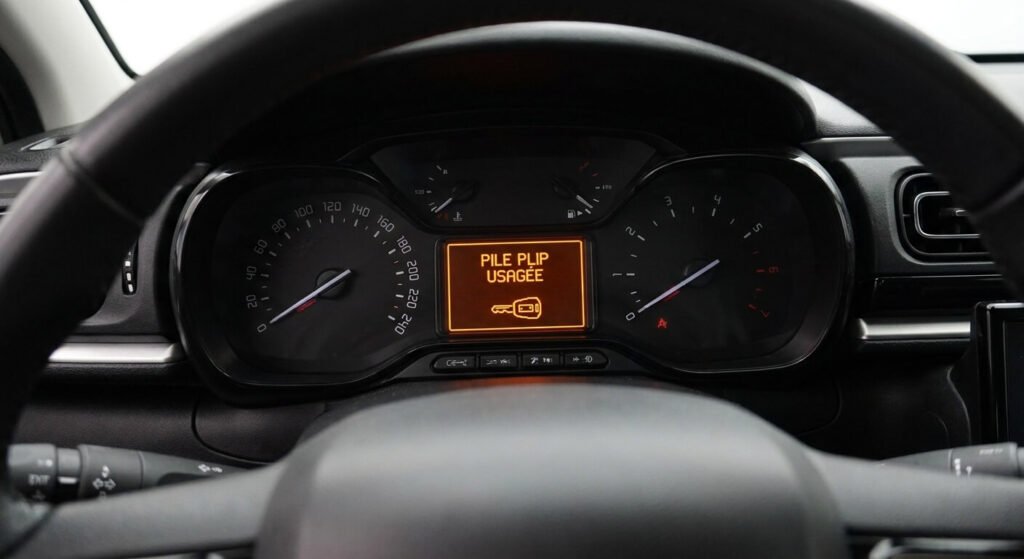 Message d'alerte orange indiquant une pile plip usagée sur l'ordinateur de bord d'une Citroën C3