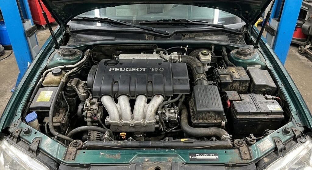 Vue sous le capot d'une Peugeot 406 dévoilant le moteur essence 1.8 16v et son collecteur