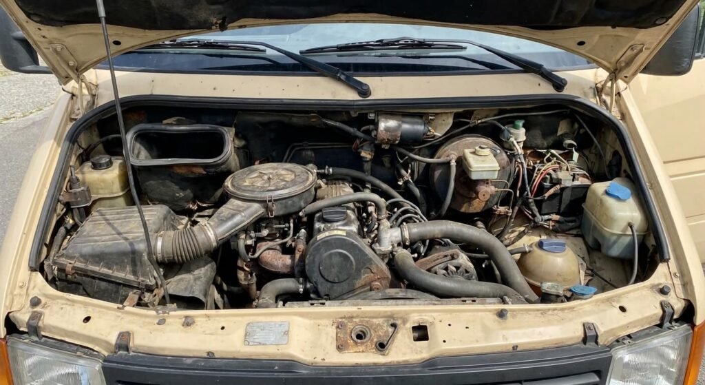 Compartiment moteur d'un utilitaire Volkswagen LT 28 des années 90