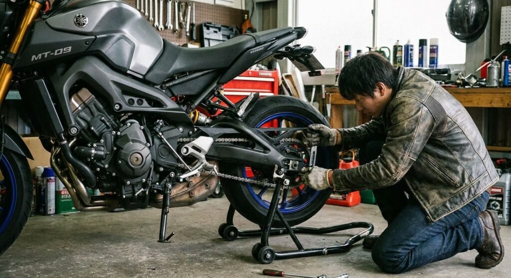 Motard contrôlant la souplesse des maillons de sa transmission secondaire sur une béquille d'atelier