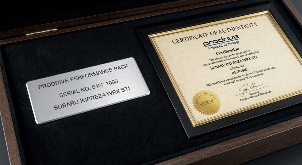 Plaque d'identification métallique et certificat d'authenticité du pack Prodrive