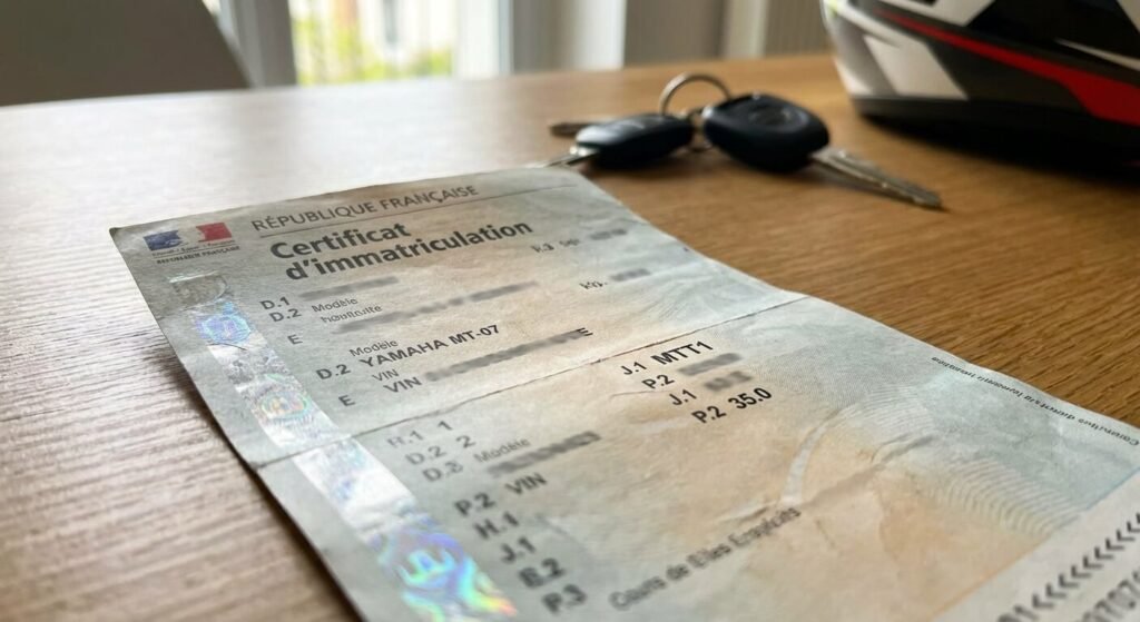 Certificat d'immatriculation d'une moto vérifiant la conformité de la puissance à la norme 35kW (MTT1)