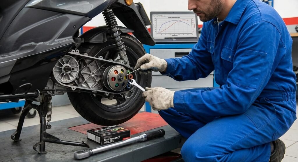Mécanicien professionnel remplaçant les galets du variateur pour optimiser l'accélération d'un scooter