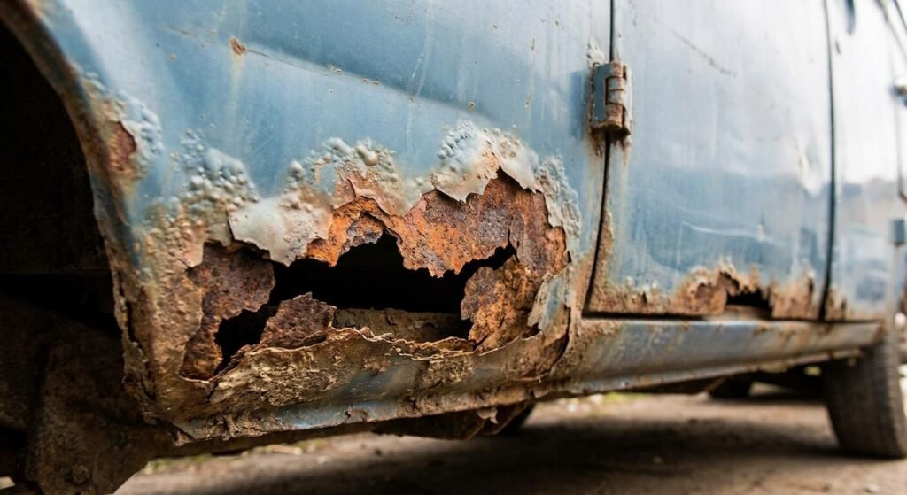 Traces de rouille perforante sur les bas de caisse d'un ancien fourgon