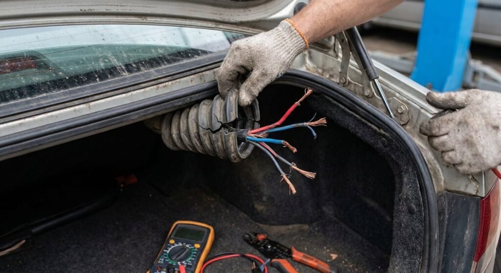Inspection des fils électriques sectionnés dans le soufflet en caoutchouc du hayon arrière
