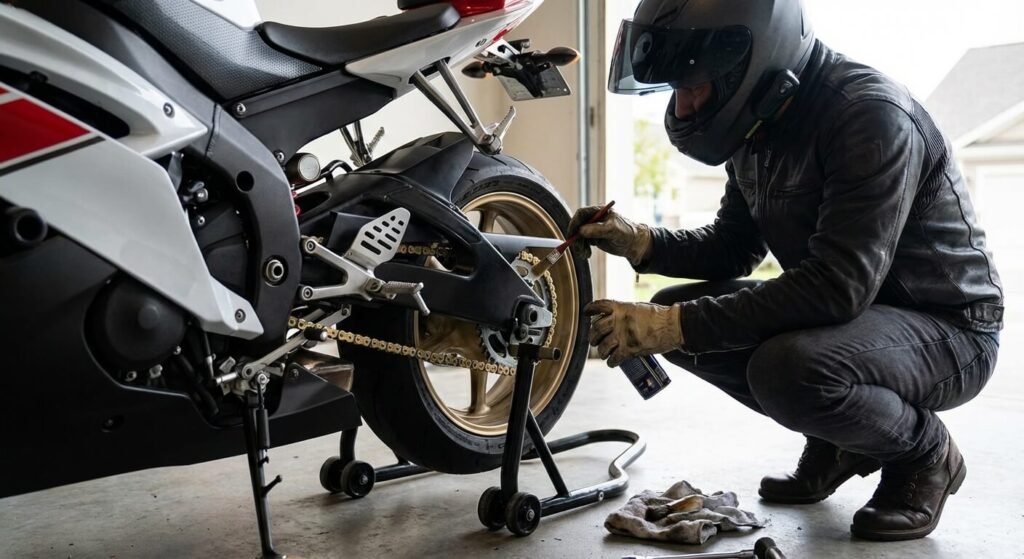 Kit chaîne DID ou AFAM : Lequel choisir pour sa moto ? 3 Motard effectuant l'entretien et le graissage minutieux de sa nouvelle chaîne de transmission